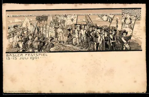 Lithographie Basel, Basler Festspiel 1901, Festzug mit Fahnen und historischen Kostümen