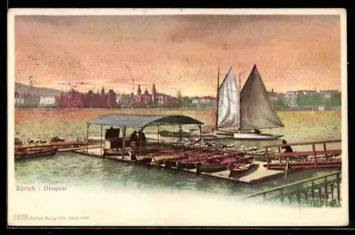 Lithographie Zürich, Utoquai mit Steg und Segelbooten