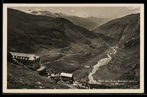 AK Obergoms, Blick vom Furka-Belvedere ins Rhonethal
