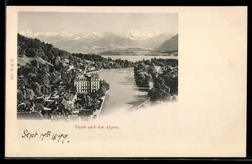 AK Thun, Ortsansicht mit See und Alpen