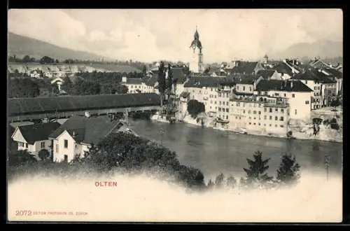 AK Olten, Gesamtansicht mit Aare, gedeckter Brücke und Kirche