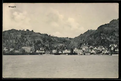 AK Weggis, Dorf am See mit Kirche, Uferbauten und Anlegestellen