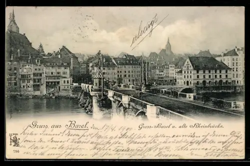 AK Basel, Alte Rheinbrücke und Ufer