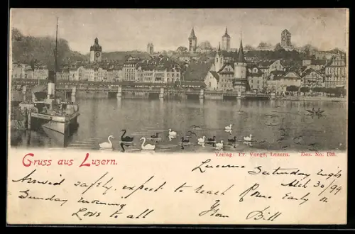 AK Luzern, Stadtansicht mit Kapellbrücke und Schwänen