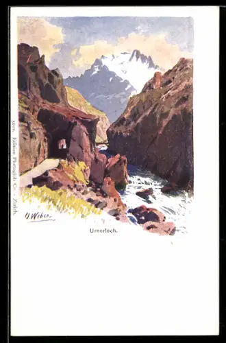 Künstler-AK Urnerloch, Schlucht mit Tunnel, Fluss und Berggipfeln