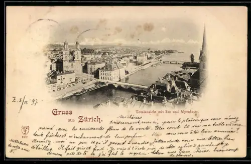 AK Zürich, Totalansicht mit See und Alpenkette