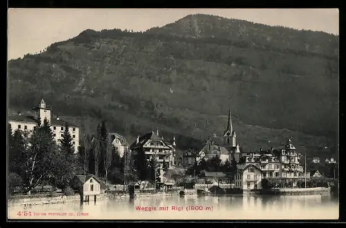 AK Weggis, Ortspartie mit Kirche und Rigi