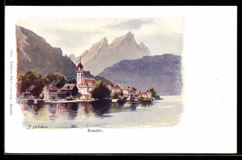 Künstler-AK Buochs, Uferpartie mit Kirche