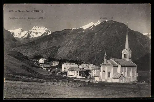 AK Saas-Fee, Kirche, Fletschhorn, Laquinhorn und Weissmies