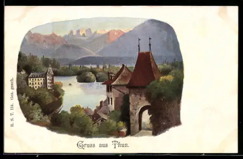 Lithographie Thun, Panorama mit Tor
