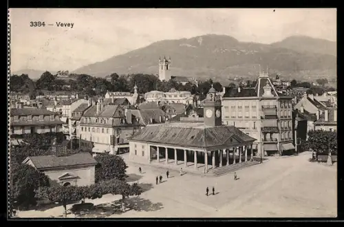 AK Vevey, Strassenpartie mit Kirche