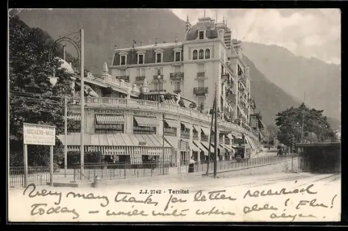 AK Territet, Strassenpartie mit Restaurant