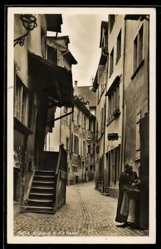 AK Basel, Geschäft des Schuhmachers R. Günther in einer Gasse der Altstadt