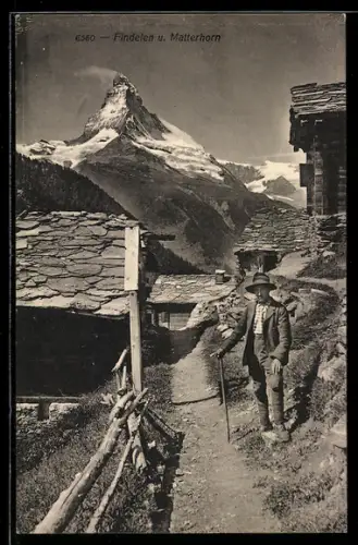 AK Findelen, Panorama mit Wanderer und Matterhorn