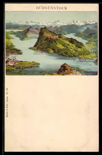 Lithographie Bürgenstock, Panorama mit Luzern, Kehrsiten, Stansstad-Stanserhorn