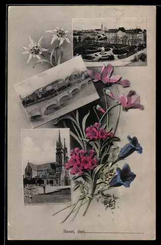 AK Basel, Kirche, Gartenanlage, Brücke