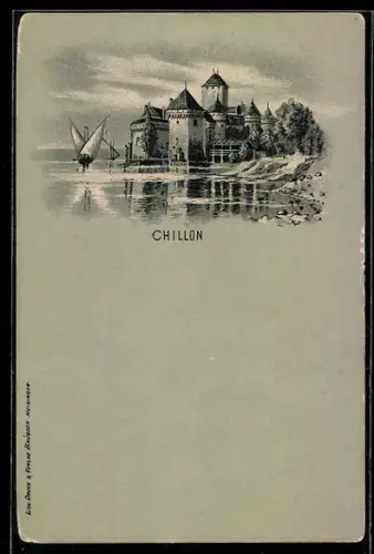 Lithographie Chillon, Burg mit Segelbooten