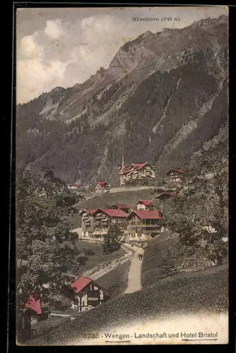 AK Wengen, Landschaft und Hotel Bistol, Männlichen