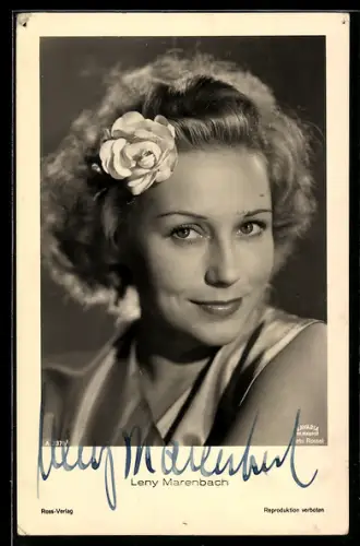 AK Schauspielerin Leny Marenbach mit Rose im Haar, Autograph