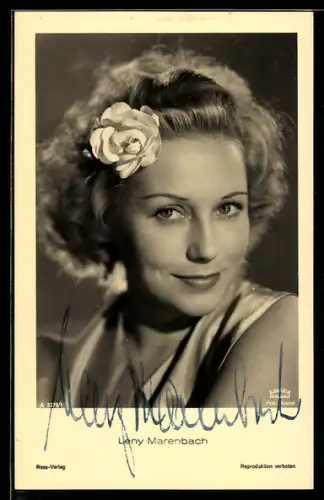 AK Schauspielerin Leny Marenbach mit Rose im Haar, Autograph