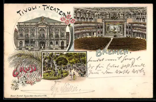 Lithographie Bremen, Tivoli-Theater, Innenansicht, Garten