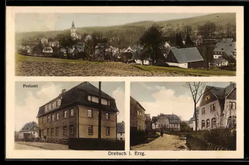 AK Drebach i. Erz., Ortsansicht, Postamt, Strassenpartie