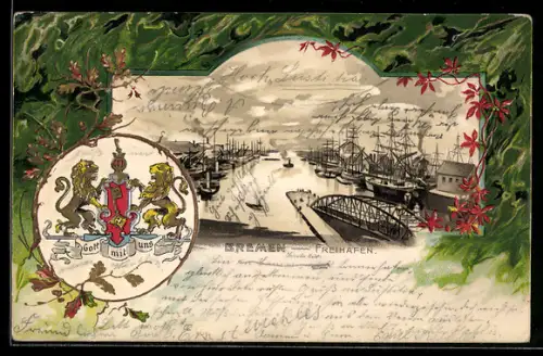 Passepartout-Lithographie Bremen, Freihafen, Wappen