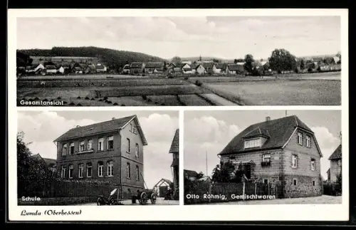 AK Lumda /Oberhessen, Otto Röhmig Gemischtwaren, Gesamtansicht, Schule