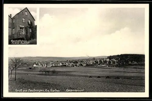AK Daubringen /Giessen, Geschäftshaus Fr. Willi Rudolph, Ortsansicht aus der Ferne