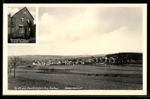 AK Daubringen /Giessen, Geschäftshaus Fr. Willi Rudolph, Blick zum Ort