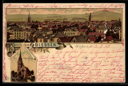 Lithographie Giessen, Johanneskirche, Ortspanorama