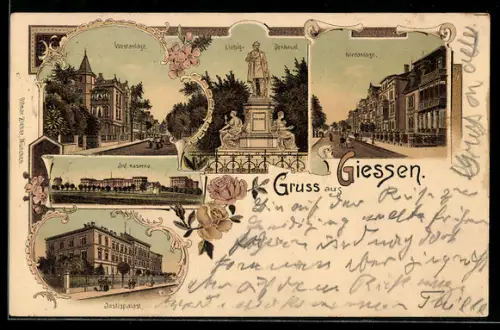 Lithographie Giessen, Liebig-Denkmal, Westanlage, Justizpalast, Inf. Kaserne