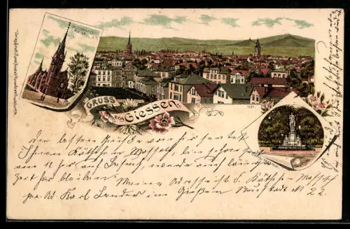 Lithographie Giessen, Liebig-Denkmal. St. Johannis Kirche