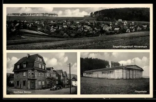 AK Hirzenhain /Dillkreis, Gasthaus E. Bender, Segelfliegerdorf, Fliegerhalle