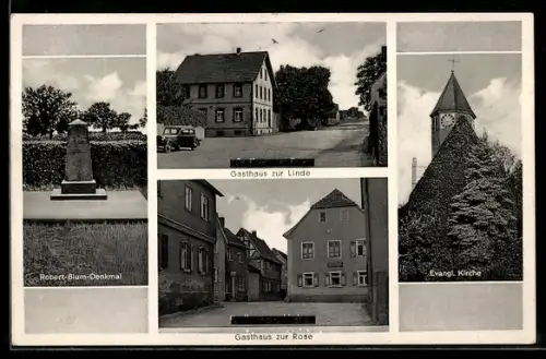 AK Petterweil /Friedberg, Gasthaus zur Rose, Robert-Blum-Denkmal, Gasthaus zur Linde, Evang. Kirche