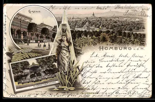 Lithographie Homburg v. d. H., Kurhaus, Elisabethenbrunnen, Stadtansicht