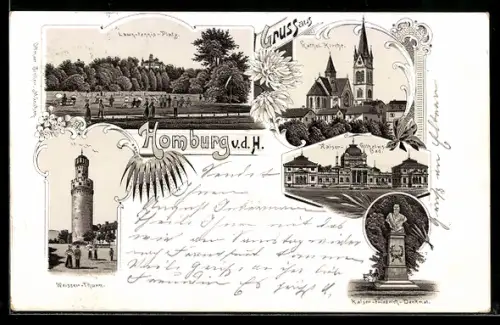 Lithographie Homburg v. d. H., Lawn-Tennis Platz, Kaiser-Wilhelms-Bad, Kaiser-Friedrich-Denkmal, Kathol.-Kirche