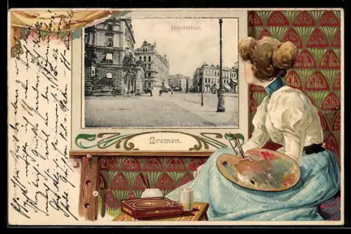 Passepartout-Lithographie Bremen, Blick zum Herdethor, Passepartout mit Dame mit Malerpalette