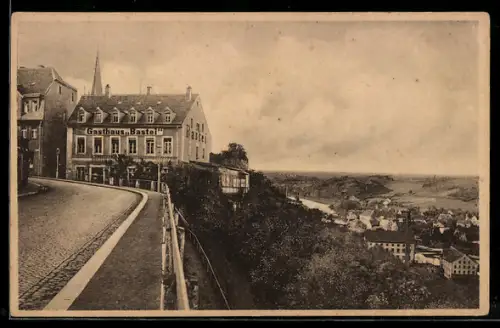 AK Leisnig, Gasthaus Bastei, Bes. Bernhard Blankenstein, Aussicht auf das Muldental