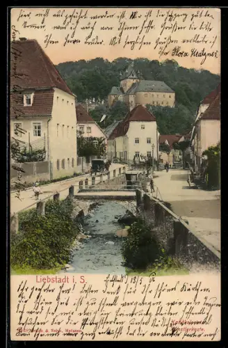 AK Liebstadt i. S., Ortsansicht mit Fluss und Brücken