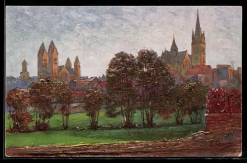 Künstler-AK Bad Homburg vor der Höhe, Ortspartie mit Kirche
