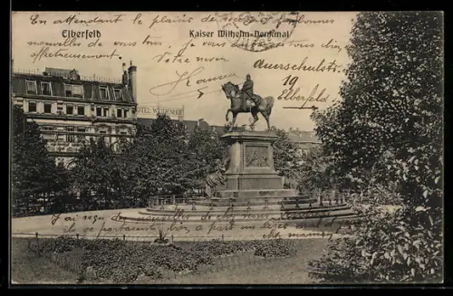 AK Elberfeld, Kaiser Wilhelm-Denkmal mit Hotel Weidenhof