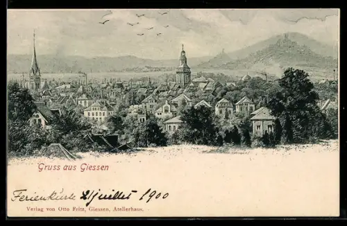 Künstler-AK Giessen, Teilansicht mit Kirche