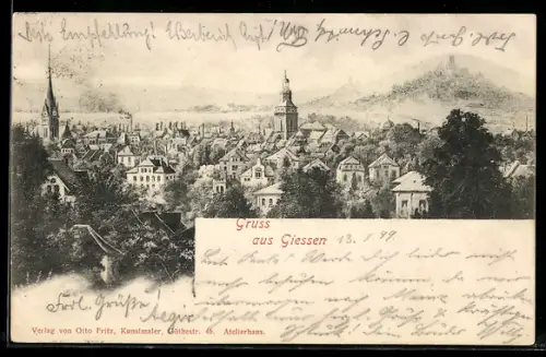Künstler-AK Giessen, Teilansicht mit Kirche