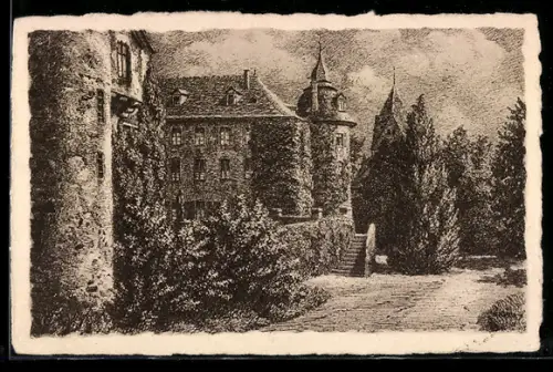 Künstler-AK Laubach i. Oberhessen, Schloss und Denkmal des Grafen Friedrich Ludwig Christian zu Solms 1769-1822