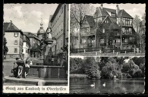 AK Laubach in Oberhessen, Müttergenesungsheim Haus Friedensruh, Brunnen, Uferpartie