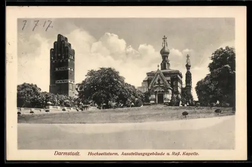 AK Darmstadt, Hochzeitsturm, Ausstellungsgebäude und Russ. Kapelle