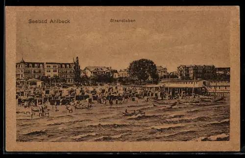Lithographie Ahlbeck, Strandleben vom Meer gesehen