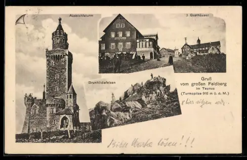 AK Grosser Feldberg im Taunus, Aussichtsturm, Brunhildisfelsen, 3 Gasthäuser