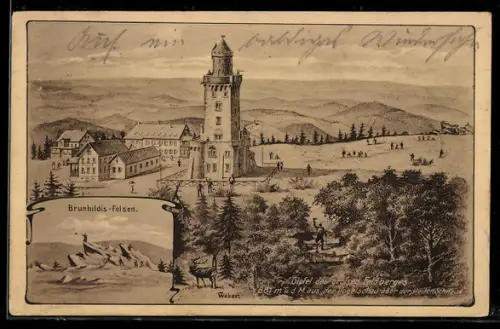 Lithographie Grosser Feldberg i. Taunus, Aussichtsturm, Brunhildis-Felsen